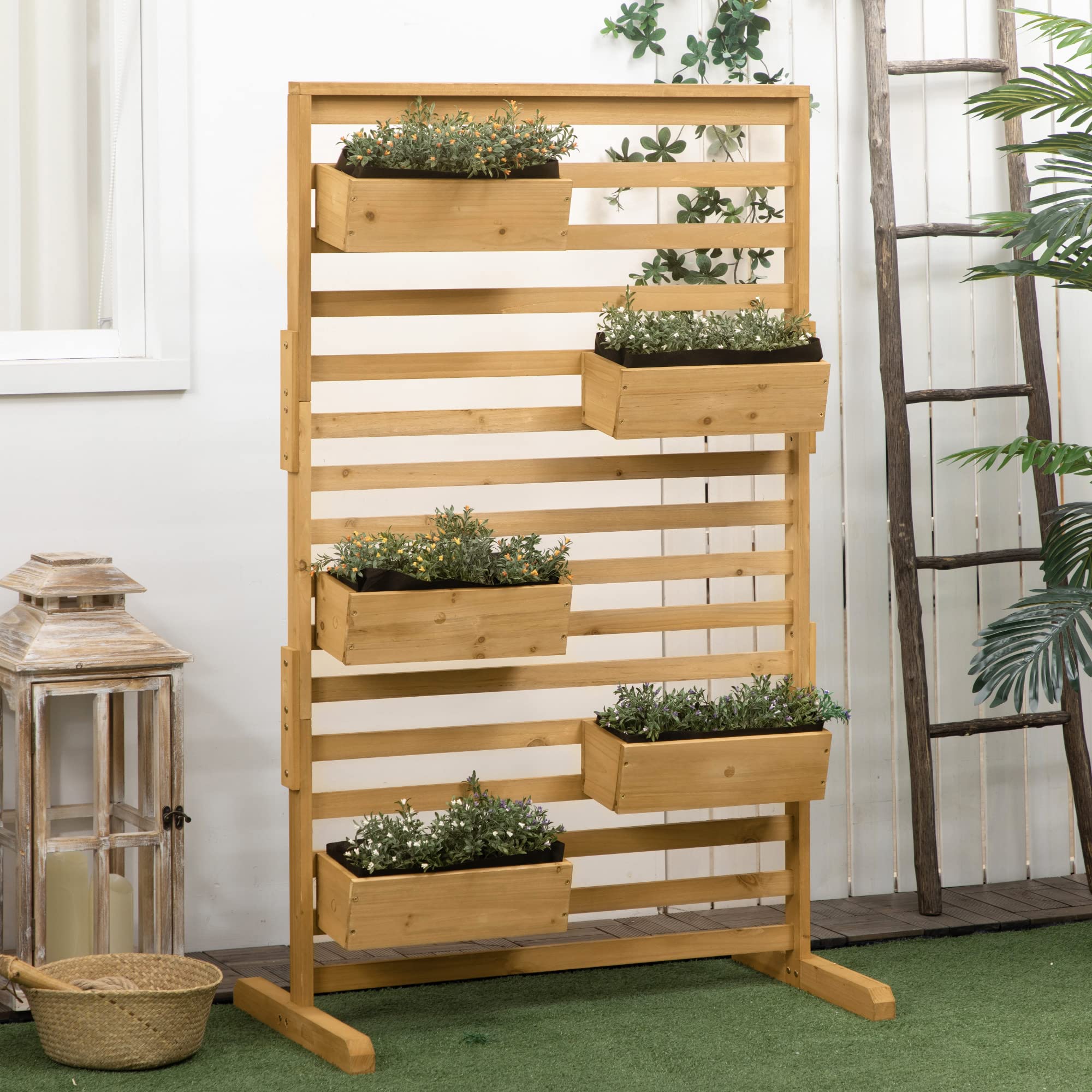 5-Tier Wooden Plant Trellis Stand with Hanging Planter Boxes