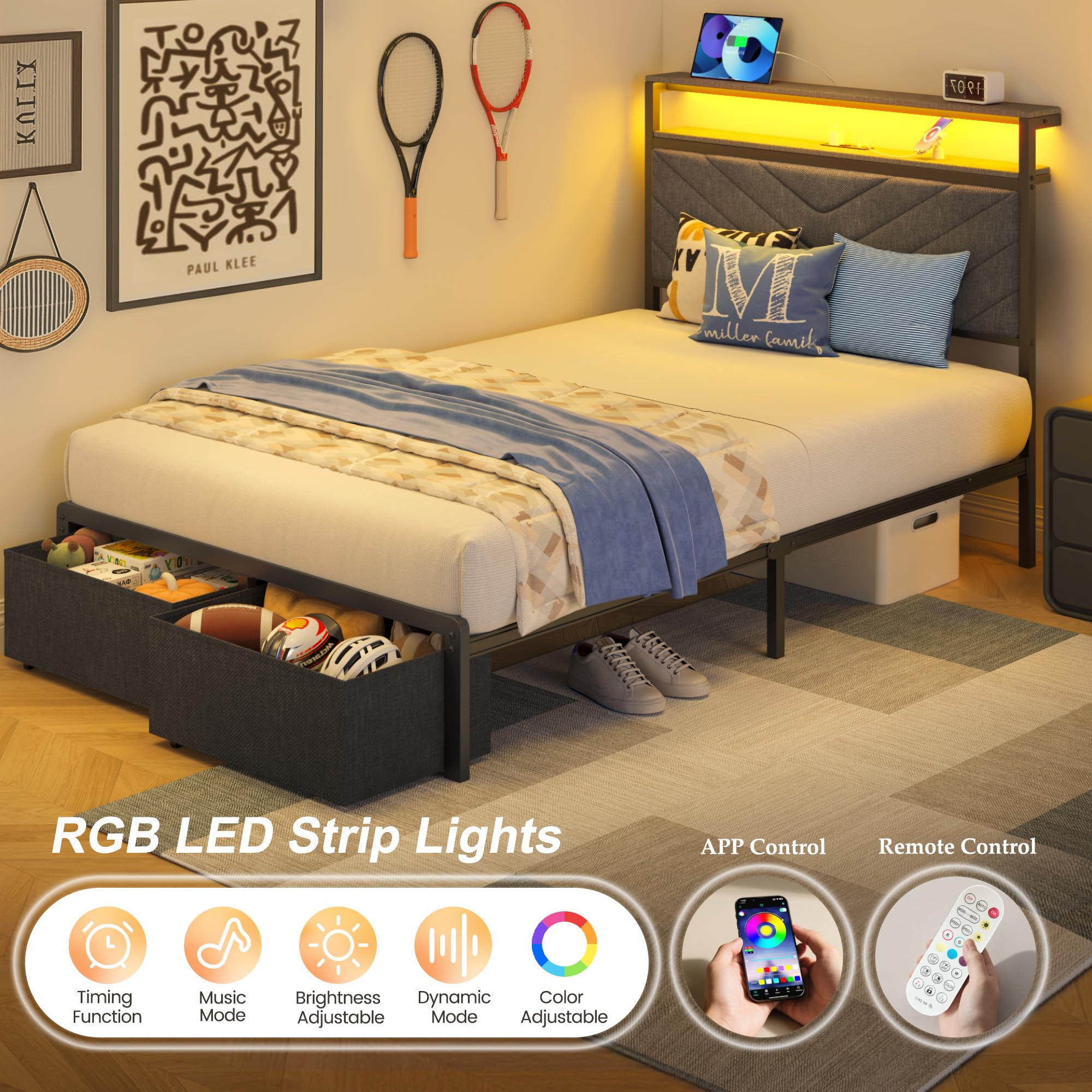 Twin Bed Frame with Charging Station and LED Lights