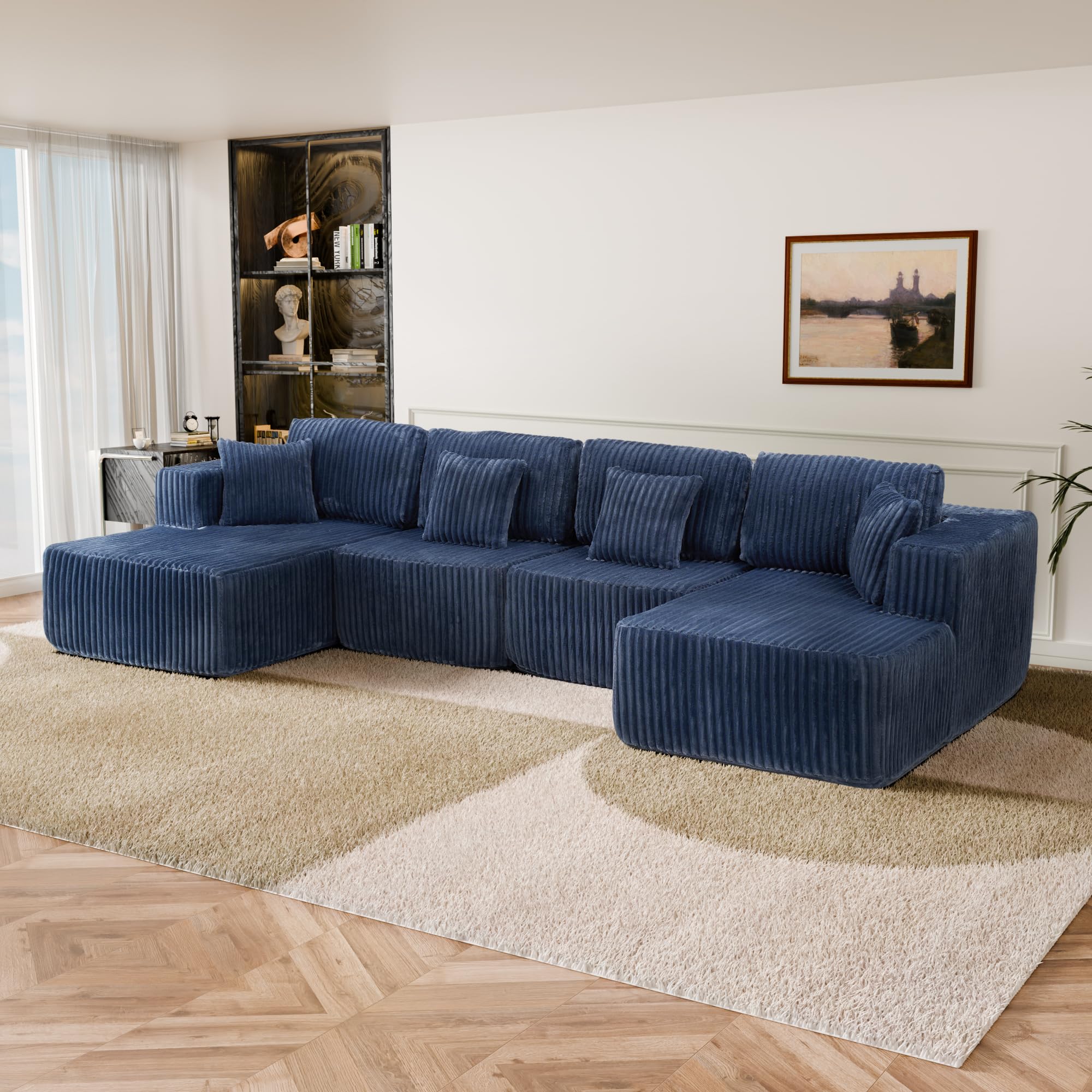 U-Shaped Modular Sectional Sofa with Chaise - Blue Corduroy
