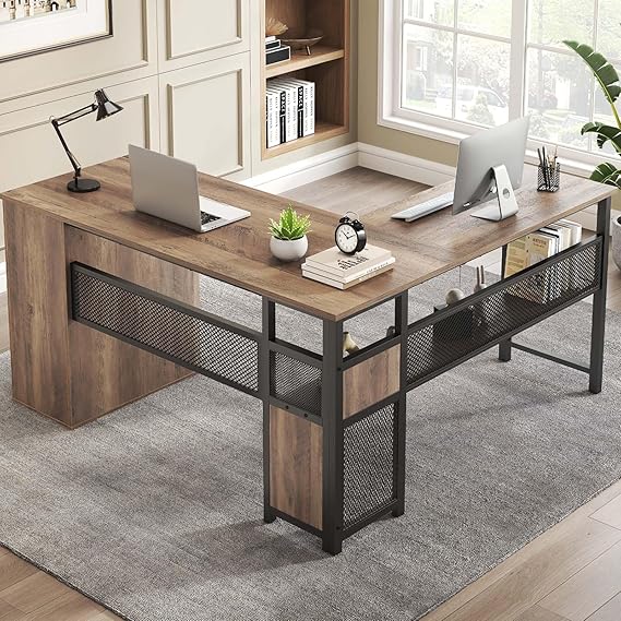 Black L Shaped Desk with Drawers and Storage Shelf