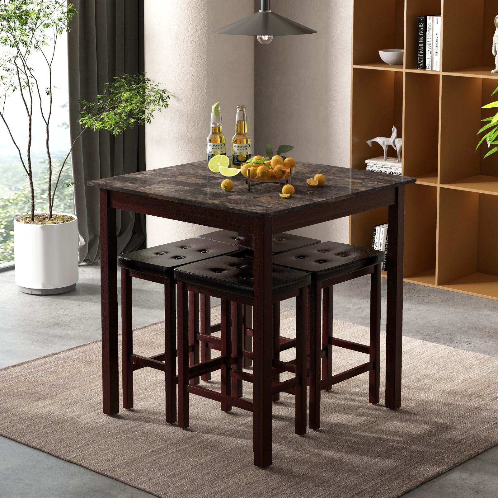 5-Piece Counter-Height Dining Set with Faux Marble Table