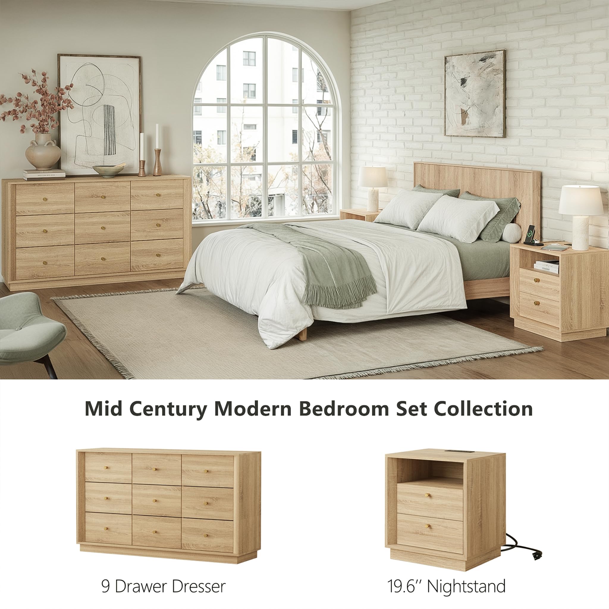 Mid Century Modern Nightstand with Charging Station