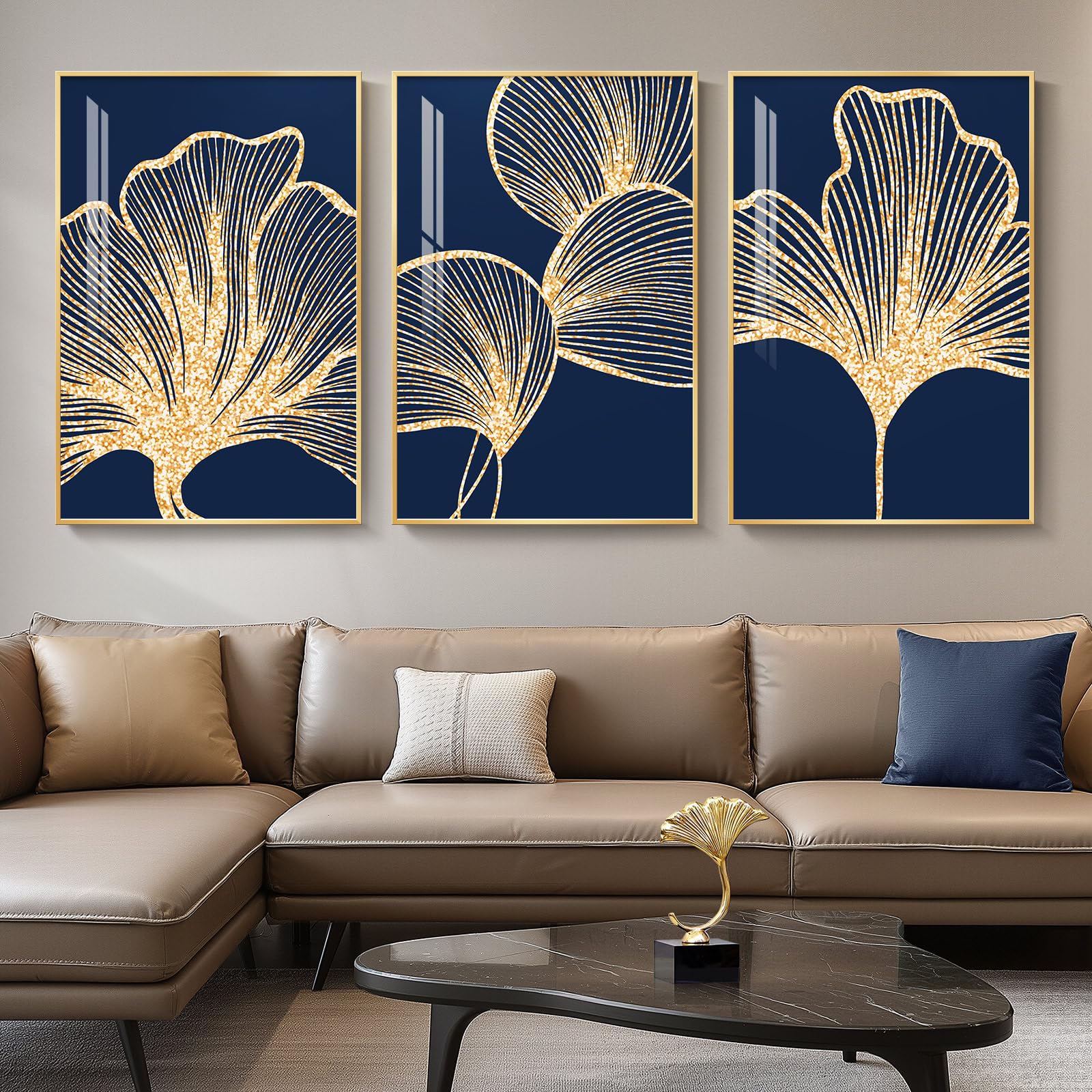 Navy Blue Gold Ginkgo Leaf Wall Art Set 3 Piece 24x36