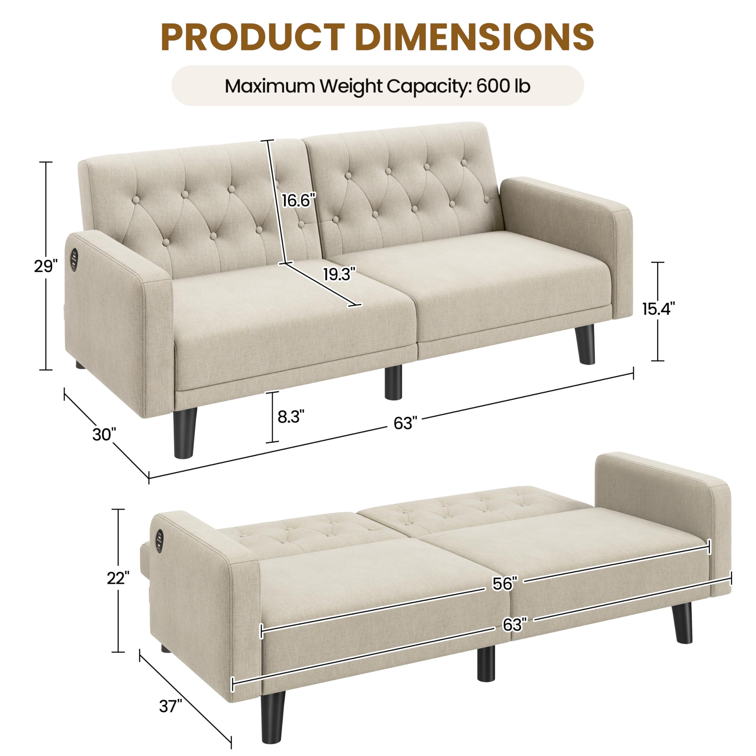 63" Convertible Futon Sofa Bed with USB Ports