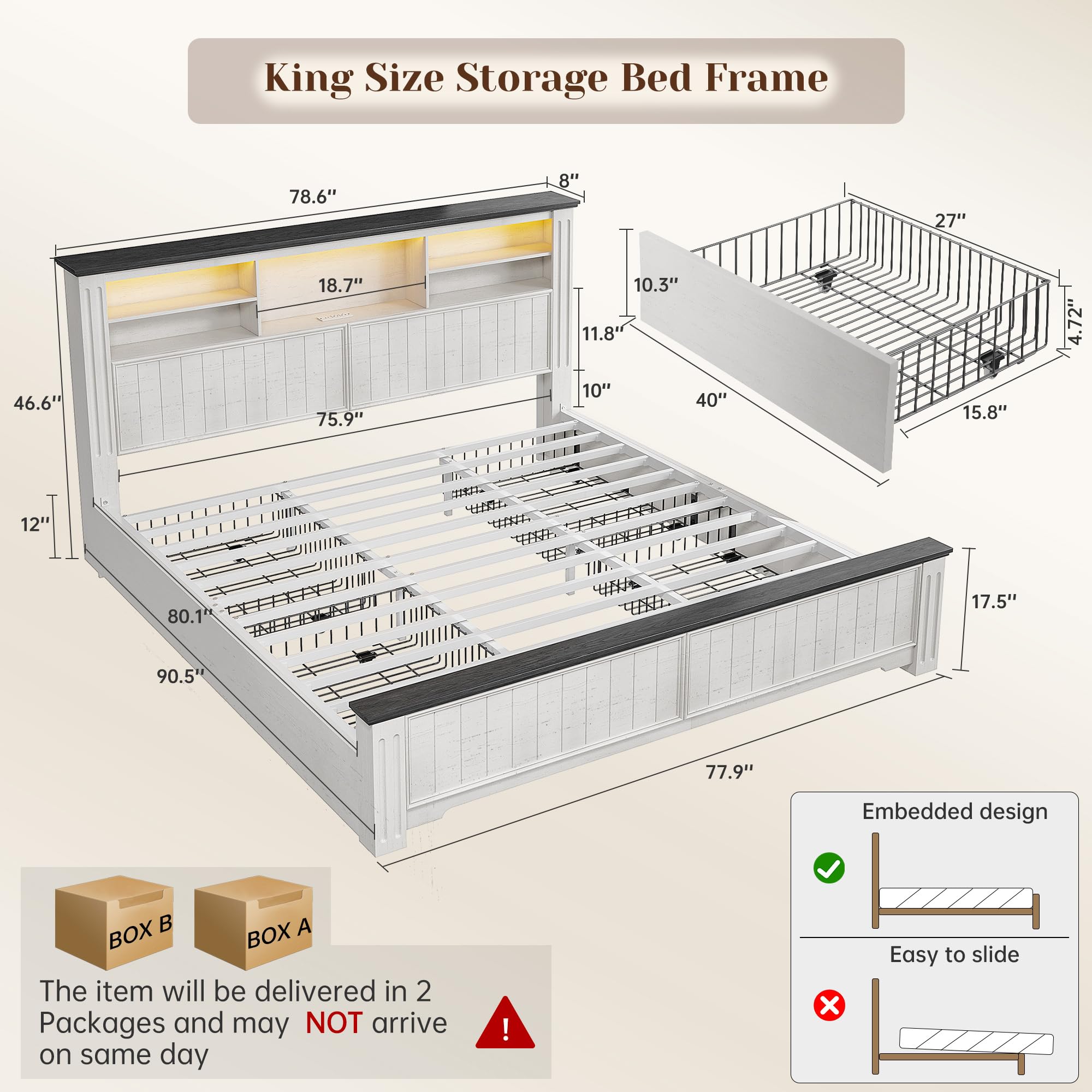 King Size Bed Frame with Storage Drawers and LED Charging Station