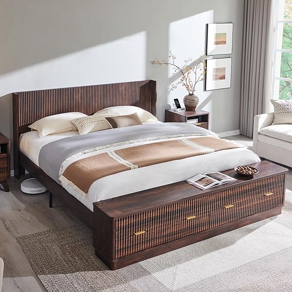 Fluted King Size Bed Frame with Wingback Headboard and Storage Bench