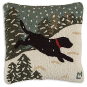Black Lab in Snow Hand-Hooked Wool Throw Pillow 18x18