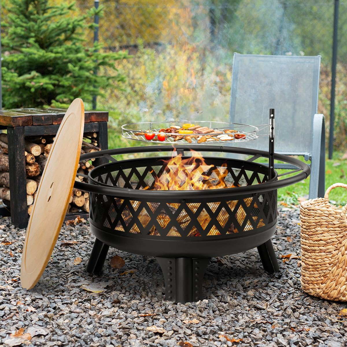 38 Inch Round Wood Burning Fire Pit with Grill