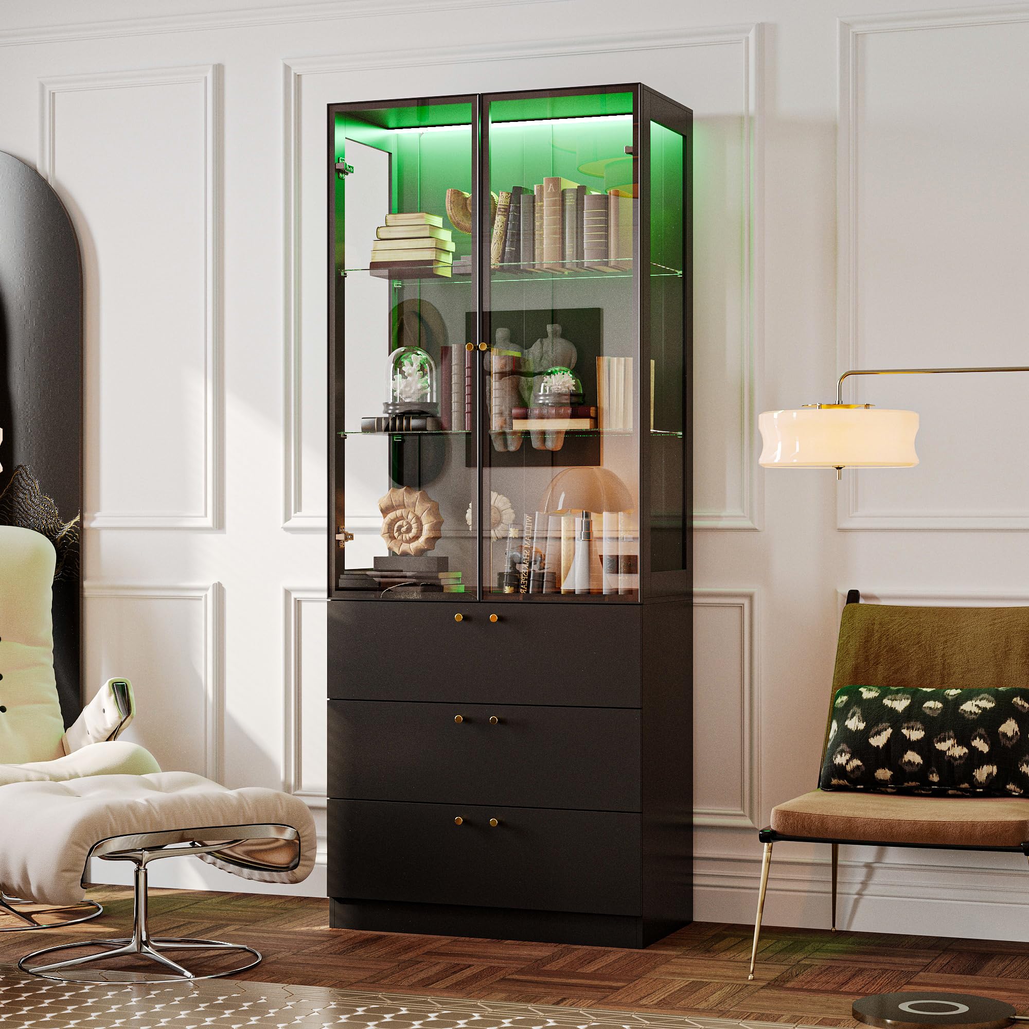 Lighted Bookcase with Drawers and Glass Doors