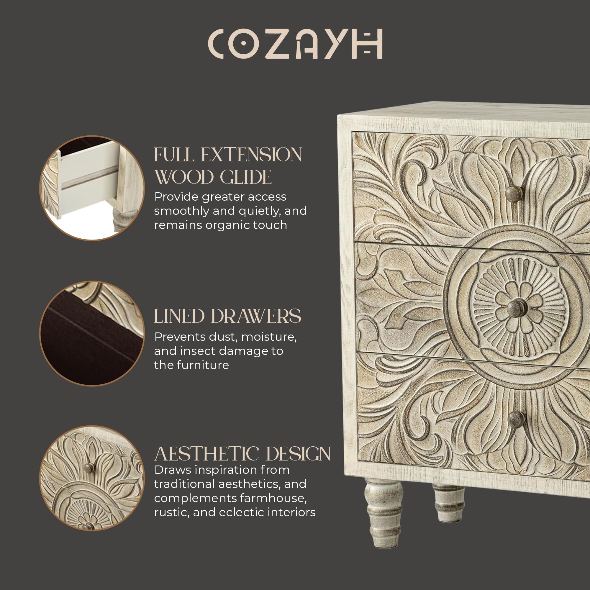 3-Drawer Carved Floral Dresser with Distressed White Finish