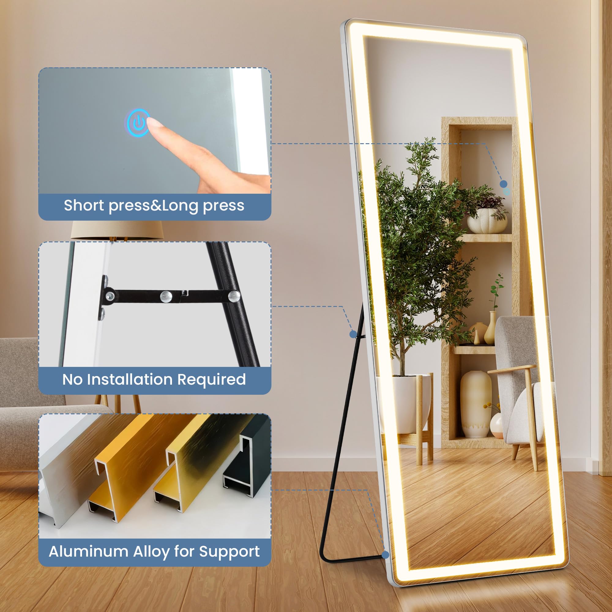 LED Full Length Floor Mirror 70" x 26" with 3 Color Modes