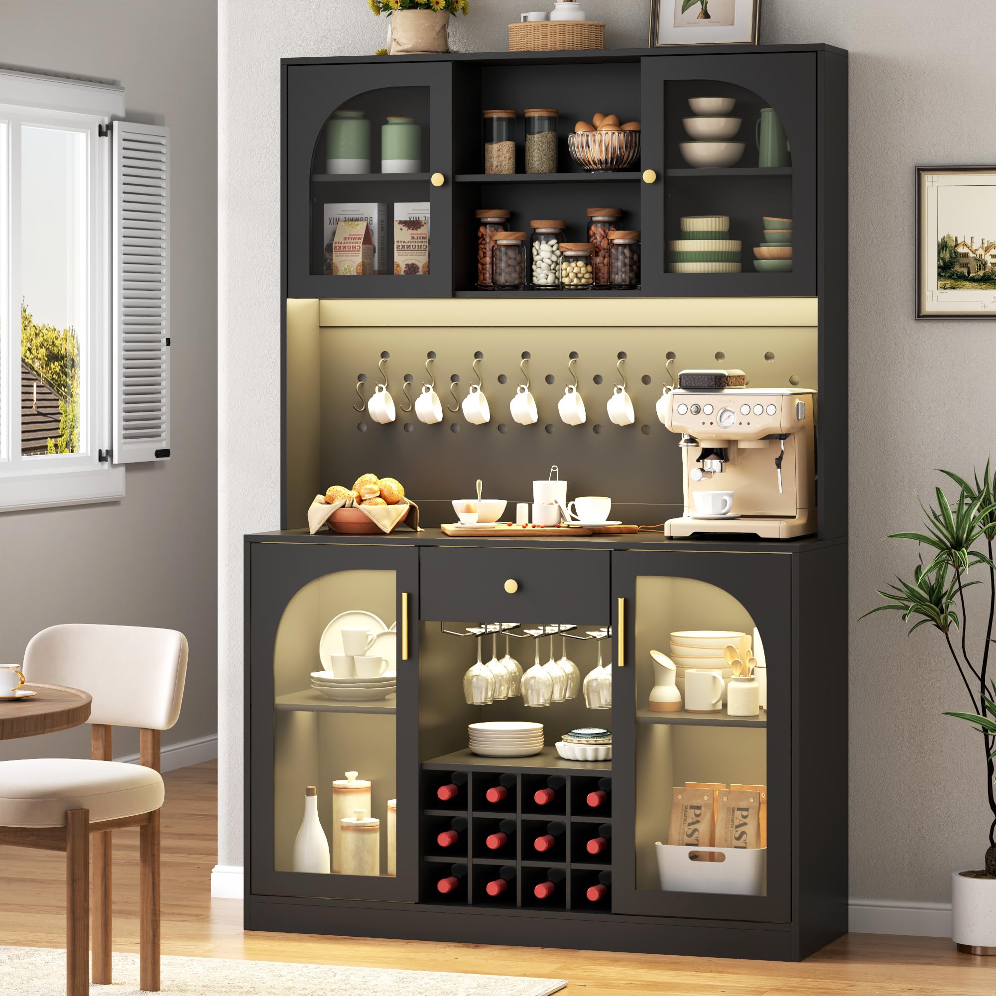 71.8" Tall Kitchen Pantry Cabinet with LED Light and Wine Rack