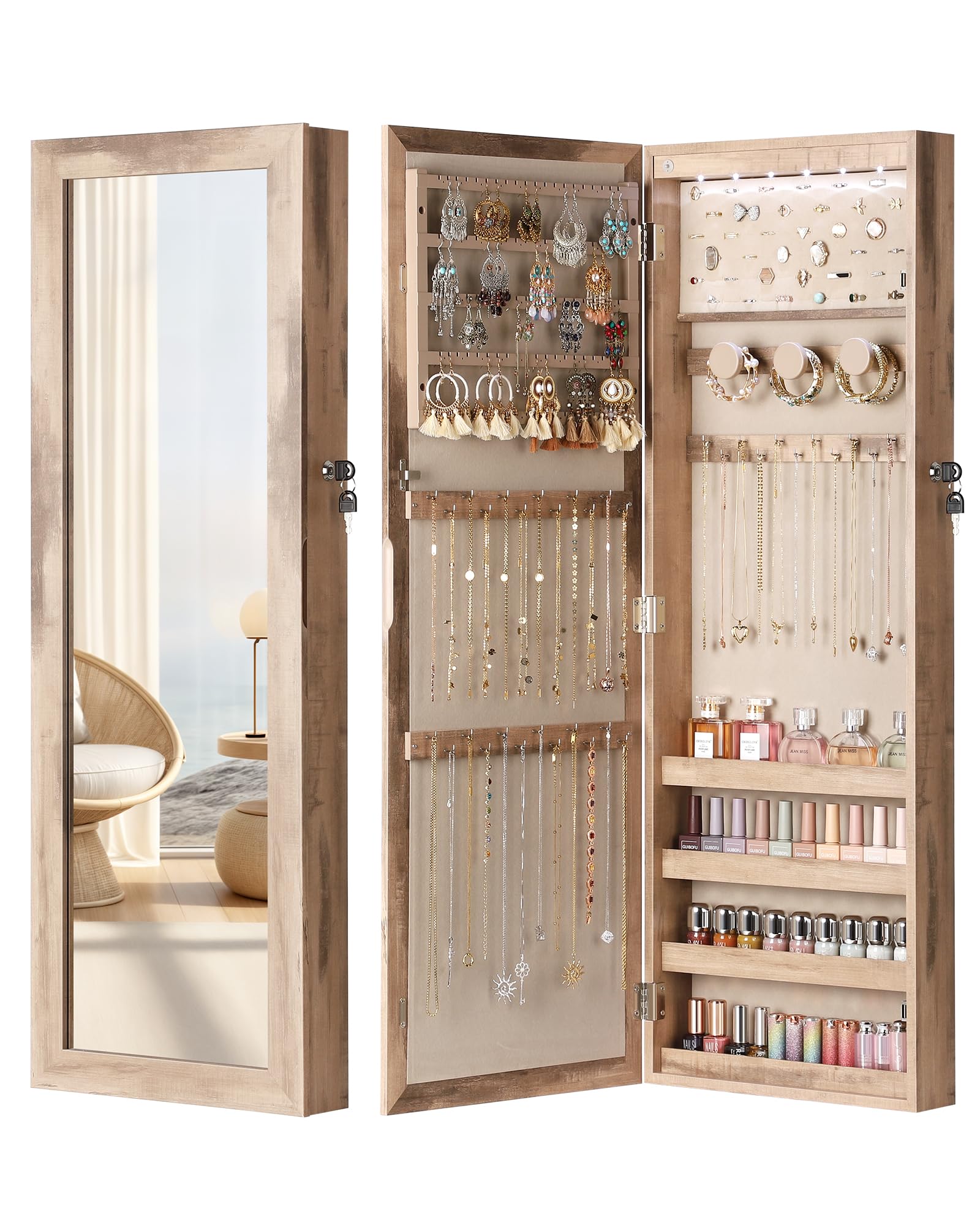 6 LED Mirror Jewelry Cabinet with Lock