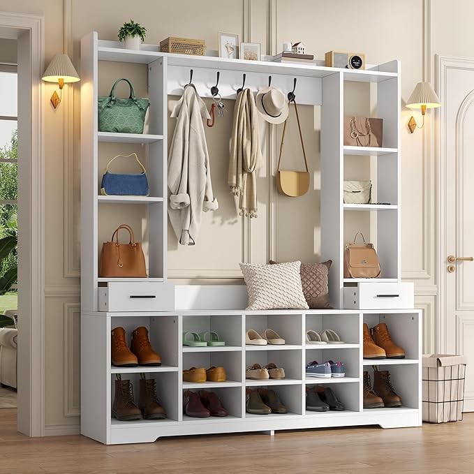 Farmhouse Hall Tree with Shoe Storage