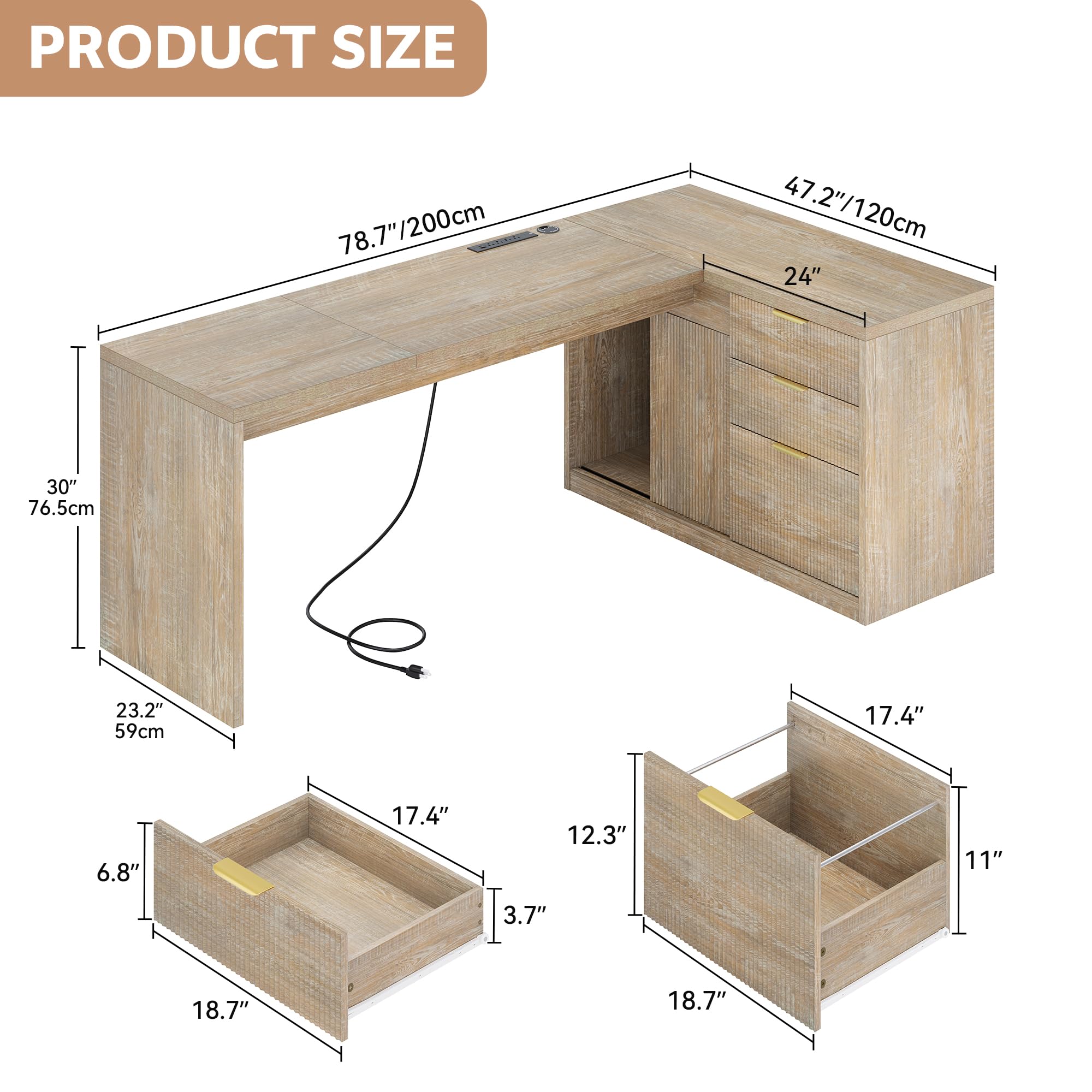 L-Shaped Office Desk with Drawers and Power Outlets
