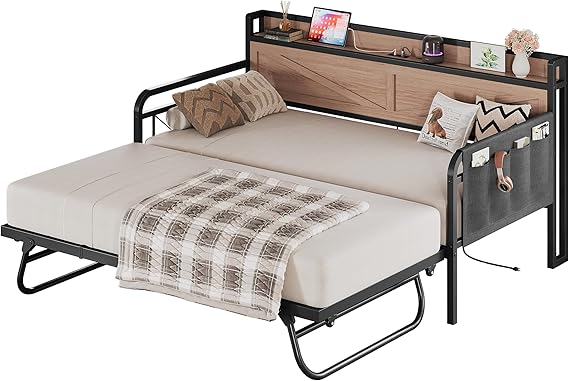 Twin Daybed with Trundle and Storage Headboard