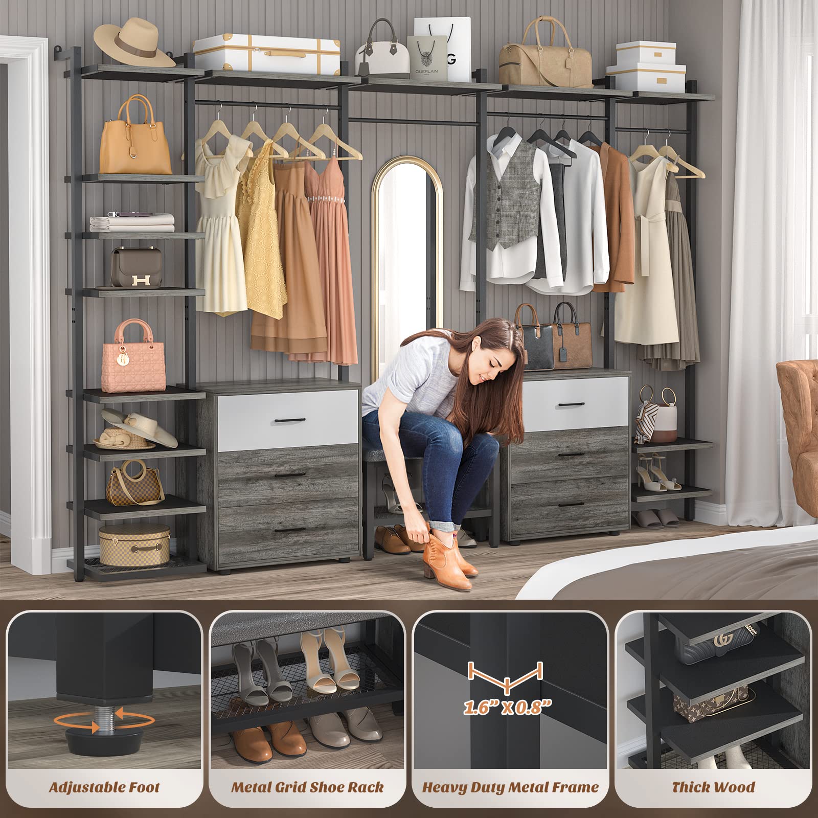 8FT Closet Organizer System with 6 Drawers