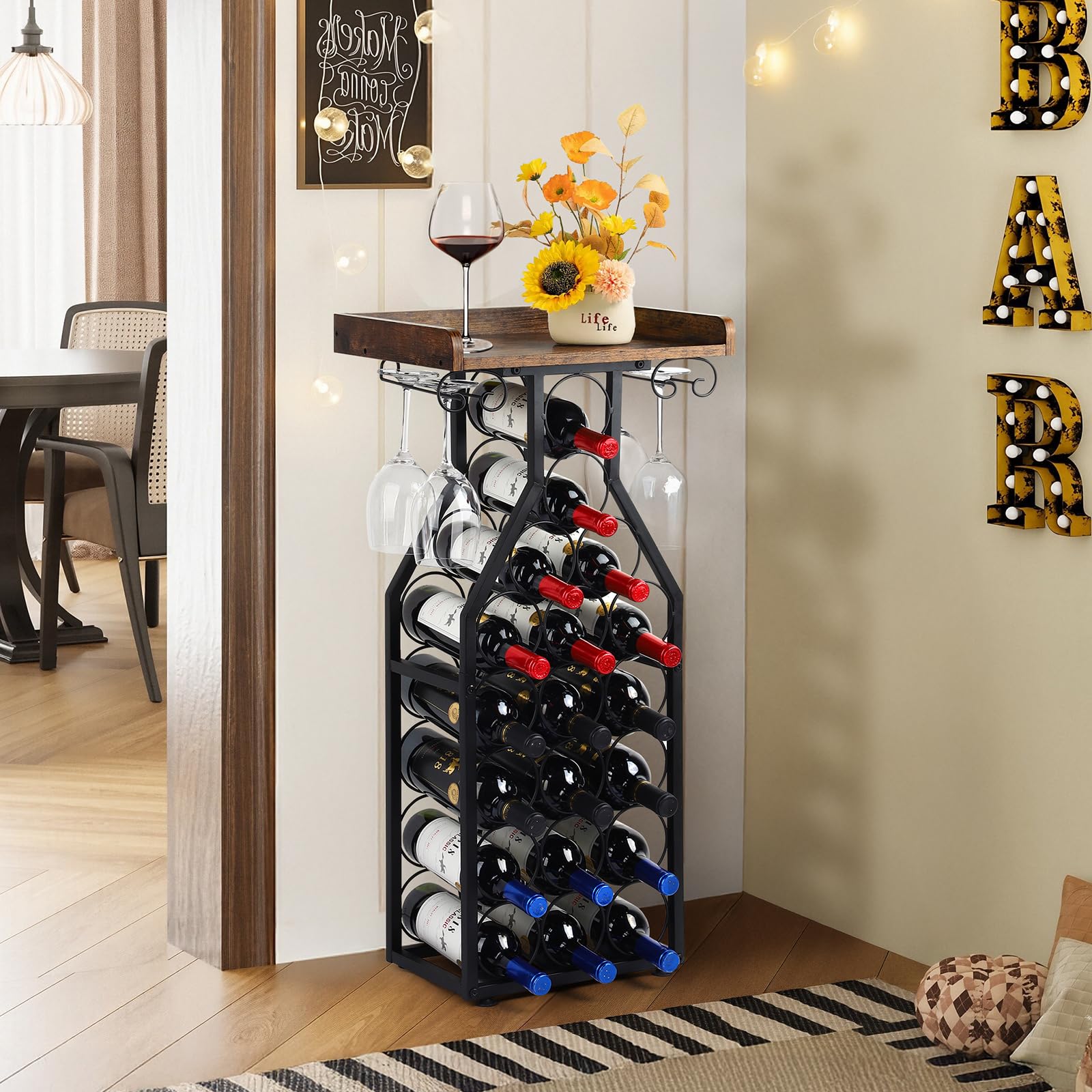 19-Bottle Wine Rack with Glass Holder and Wood Tabletop