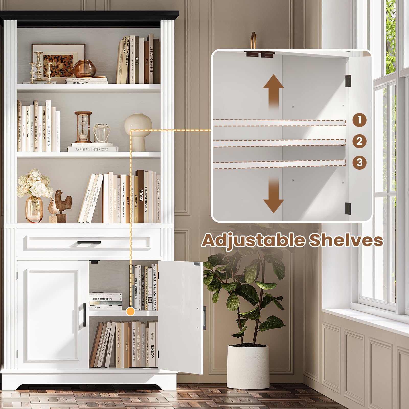 6-Tier Farmhouse Bookcase with Doors and Drawer