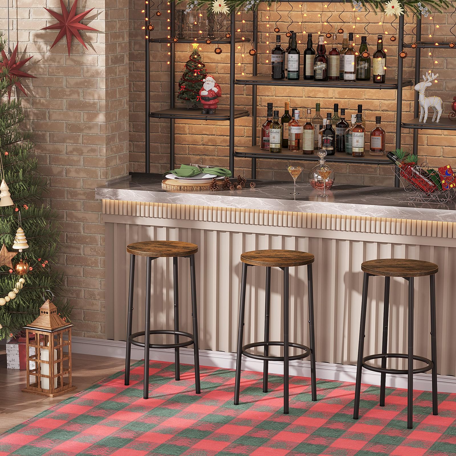 Rustic Brown Bar Stools Set of 2 with Footrest