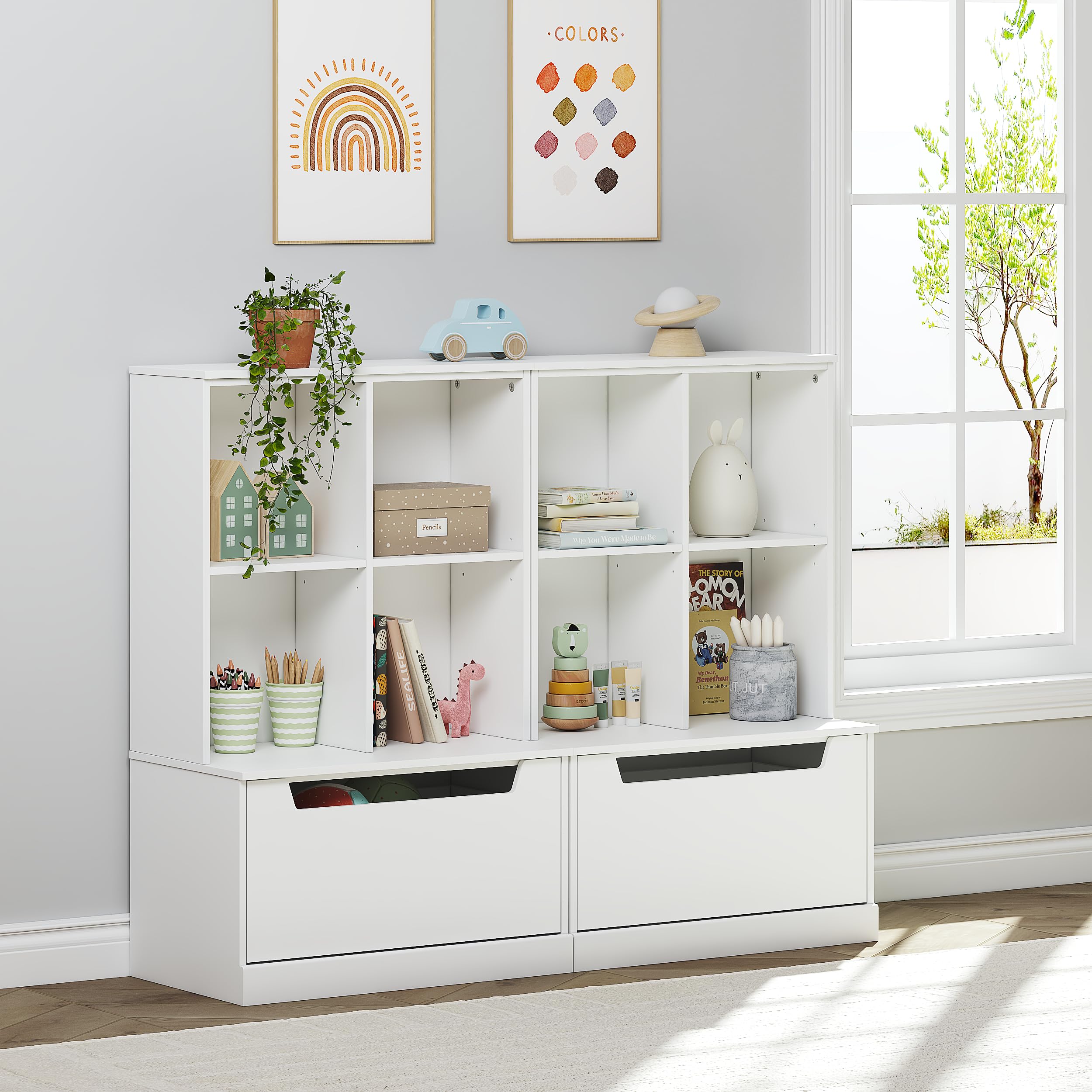 Kids Bookshelf and Toy Storage Organizer with Cubbies and Drawer