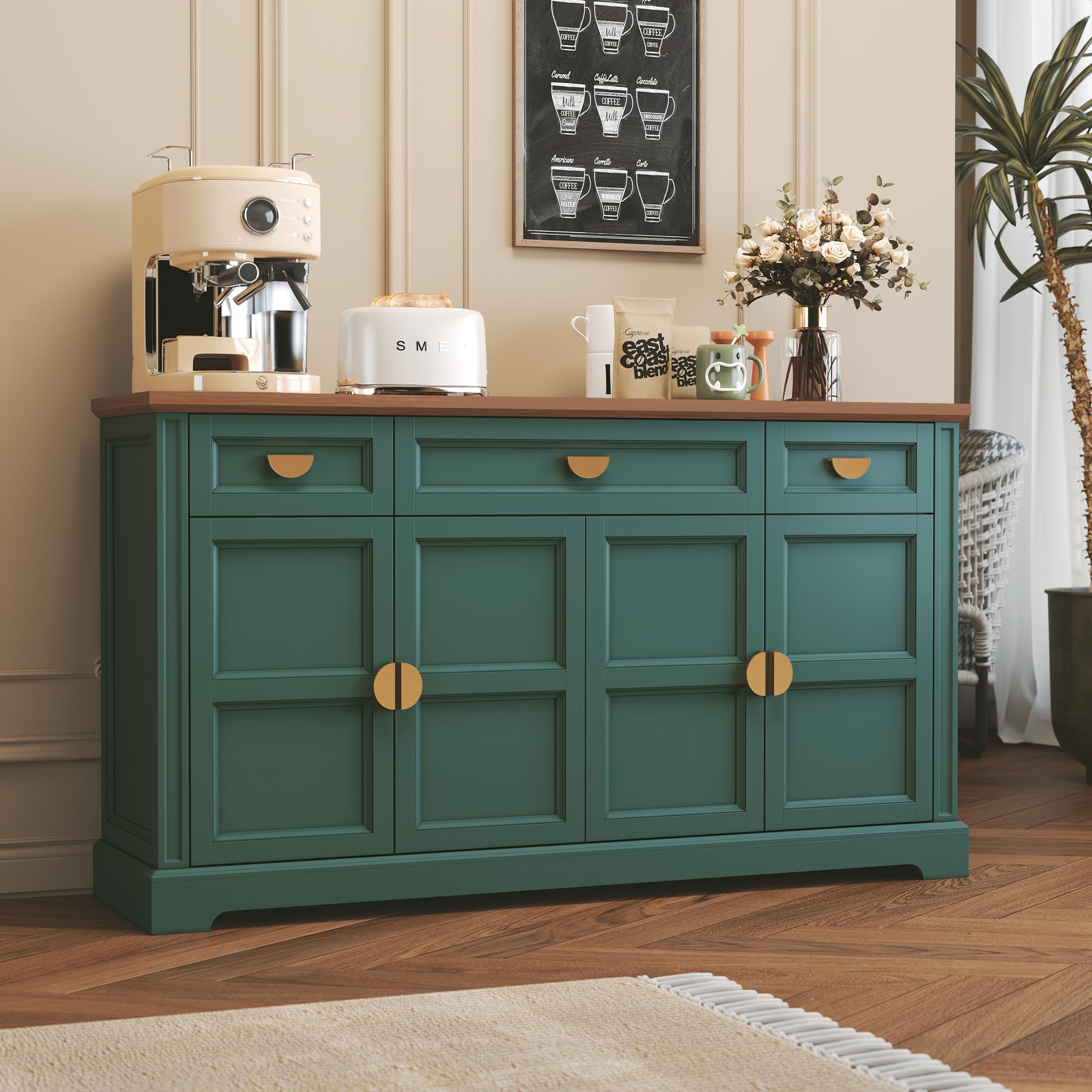60" Shaker Buffet Sideboard Cabinet with 4 Doors and 3 Drawers