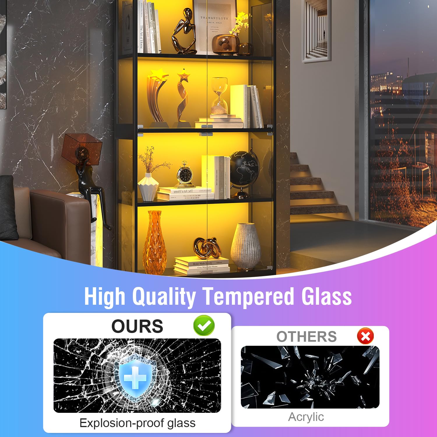 63" Glass Display Cabinet with Human Sensor RGB LED & 4-Tier Wood Shelves