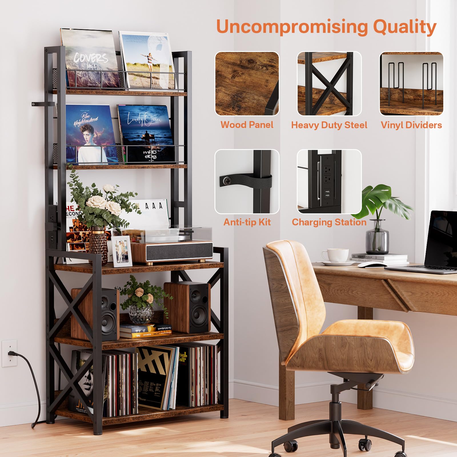 5-Tier Vinyl Record Storage Rack with Turntable Stand