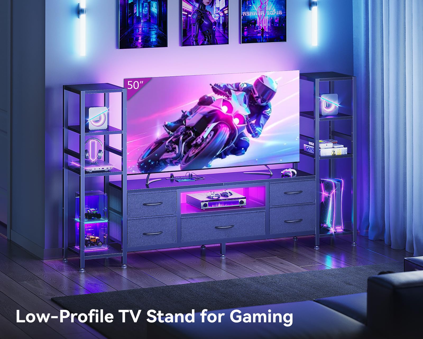 71" TV Stand with LED Lights & 5 Drawers
