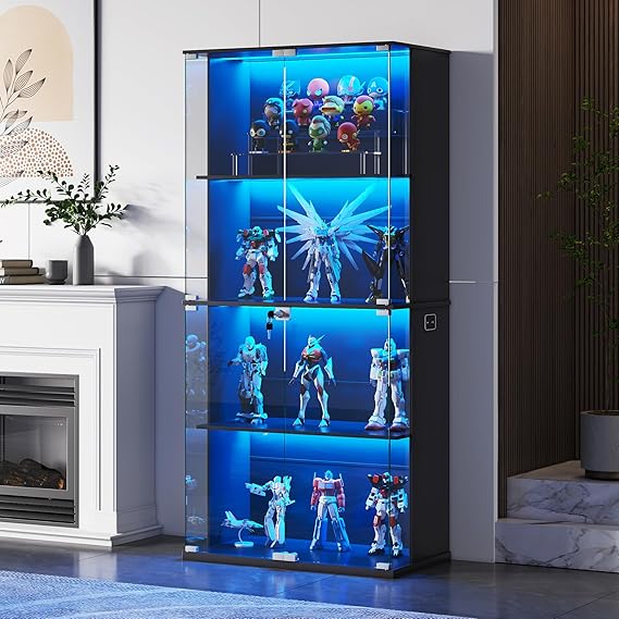 Glass Display Cabinet with LED Lights 4-Tier Curio Display Case with Lock