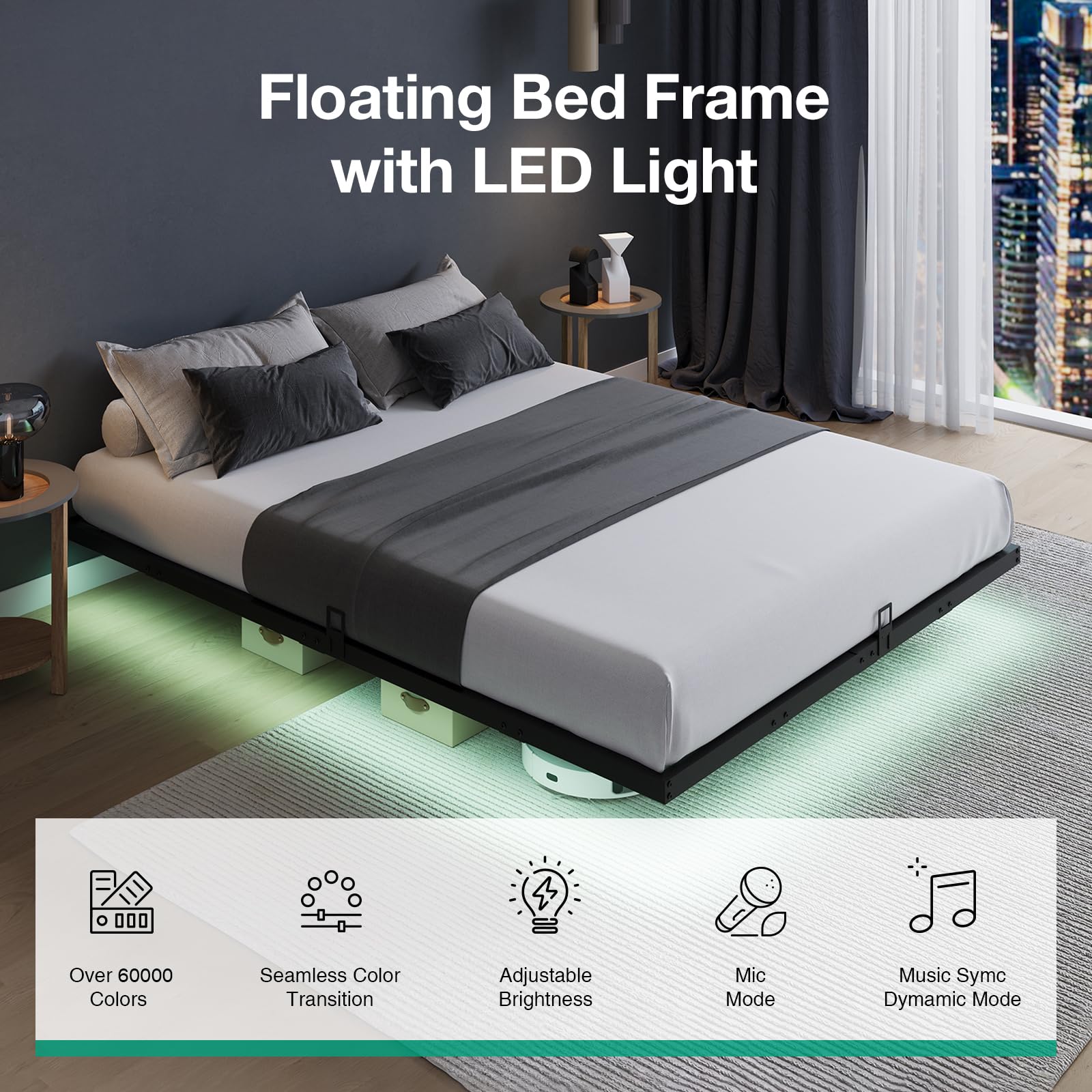 Queen Bed Frame with LED Lights and Floating Design