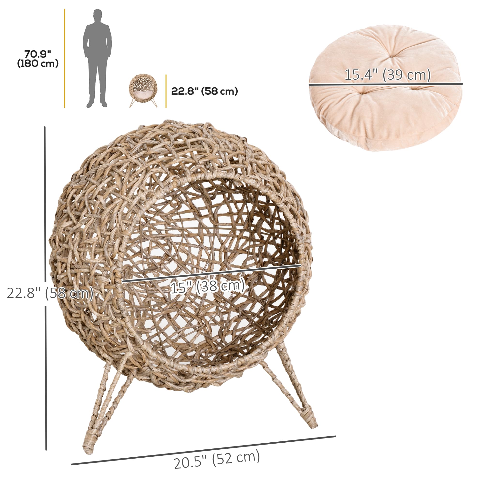 PawHut 20.5" Weaved Cat Bed, Elevated Hand-Woven Braided Banana Leaf Kitten House Condo with Cushion, Beige