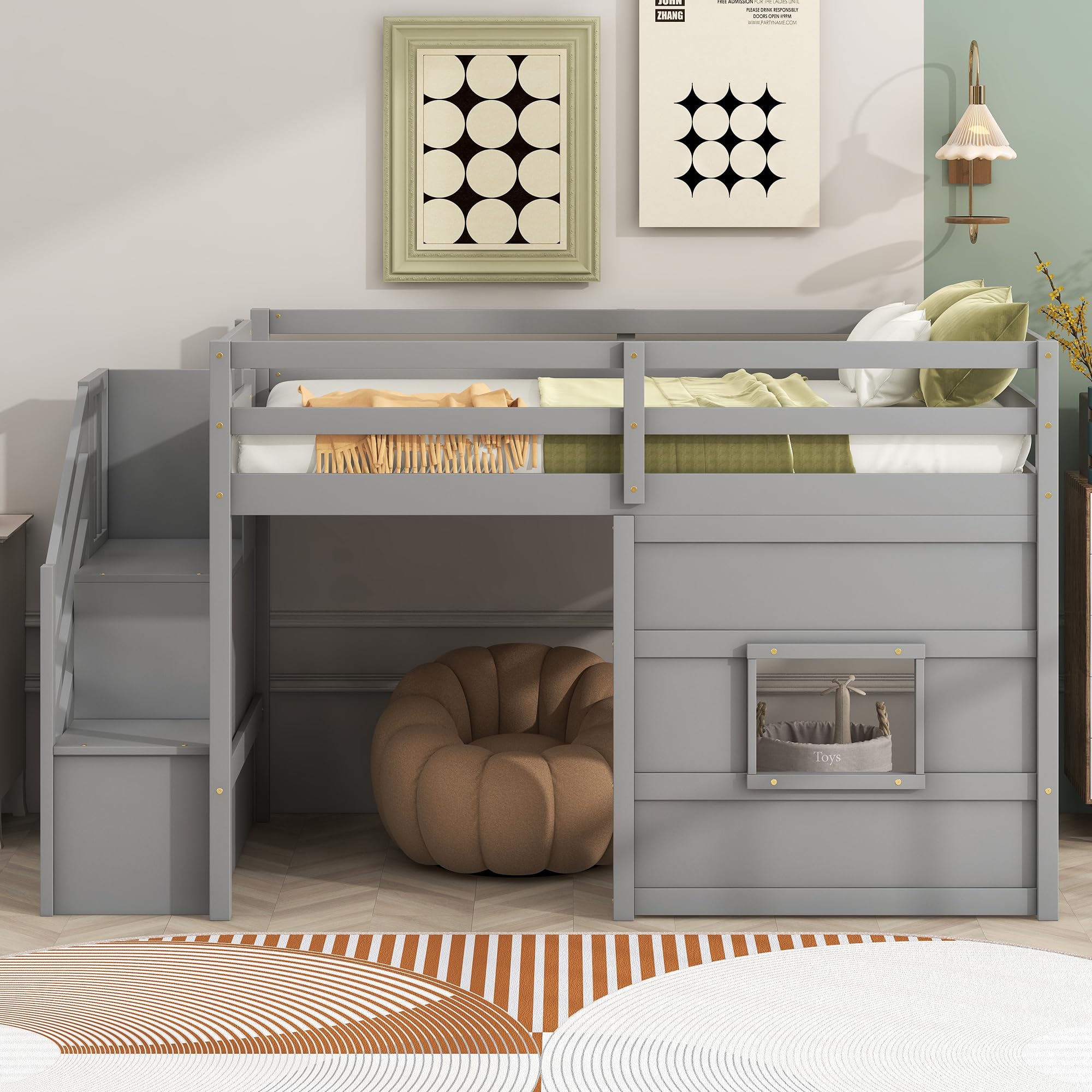 Twin Loft Bed with Storage Staircase and Underbed Space