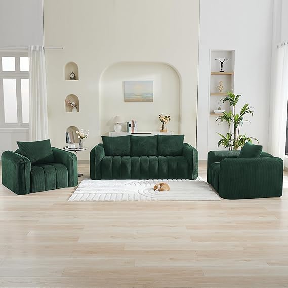 Modern Corduroy Living Room Set - Loveseat with 2 Single Chairs