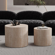 Round Nesting Coffee Table Set of 2 - Travertine Fluted Drum Tables