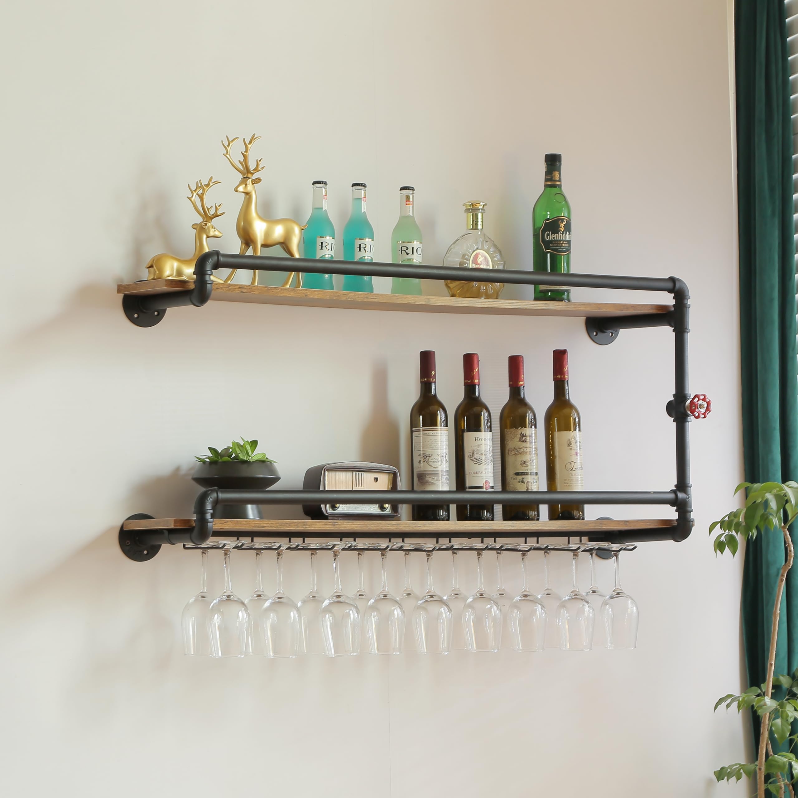 Wall Mounted Wine Rack 2 Tier with Glass Holder