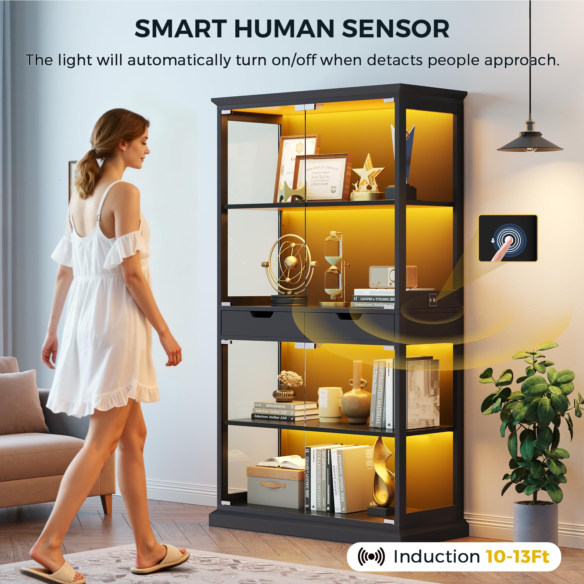 68" Glass Display Cabinet with RGB LED, Human Sensor & 2 Drawers