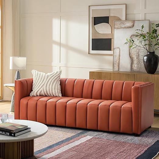 83" Genuine Leather Channel Tufted Sofa
