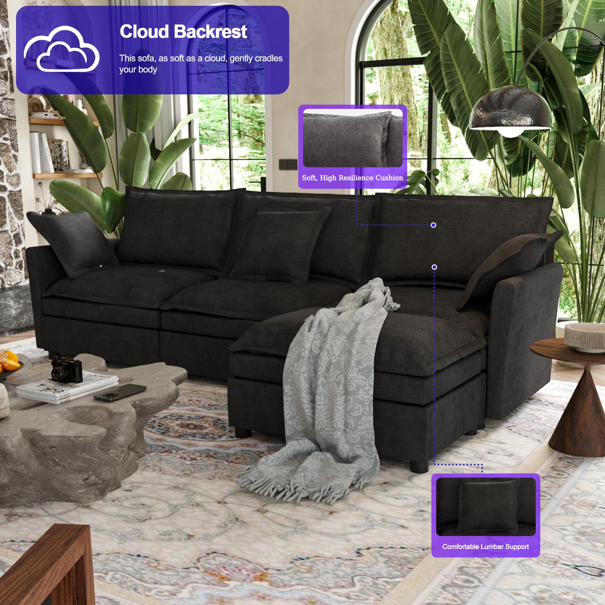 112 Inch Dark Grey Cloud Sectional Couch - Wide Pillow Edge, Chenille Comfy Upholstered, 3 Seater Modular Sofa with Ottoman, L Shaped Couches for Living Room, Apartment, Office