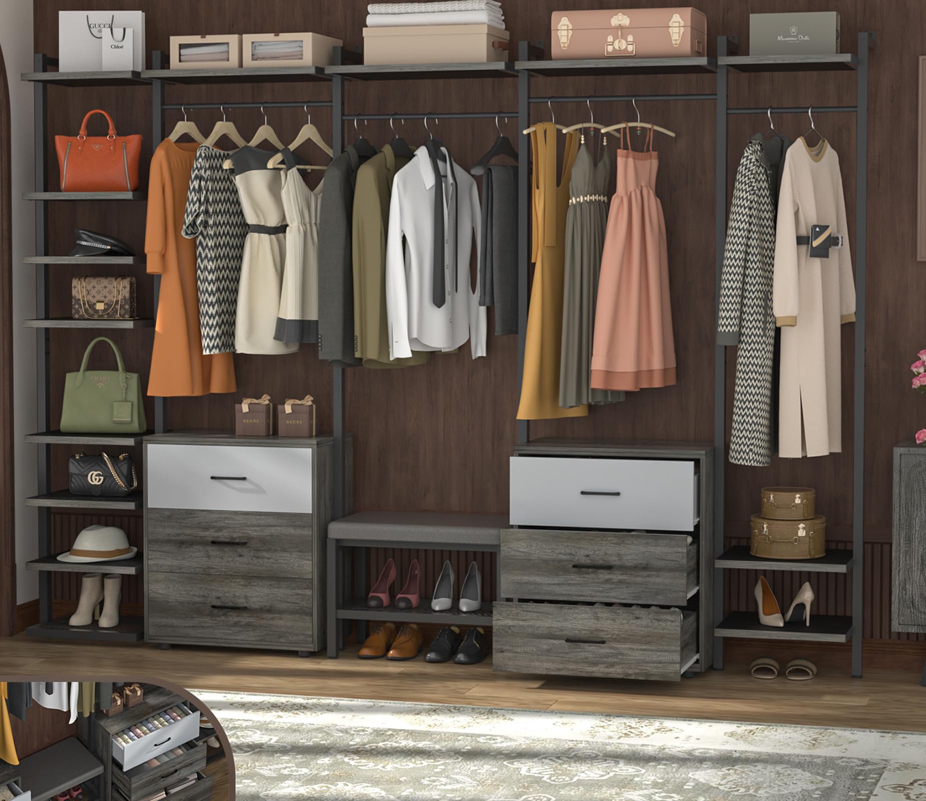8FT Closet Organizer System with 6 Drawers