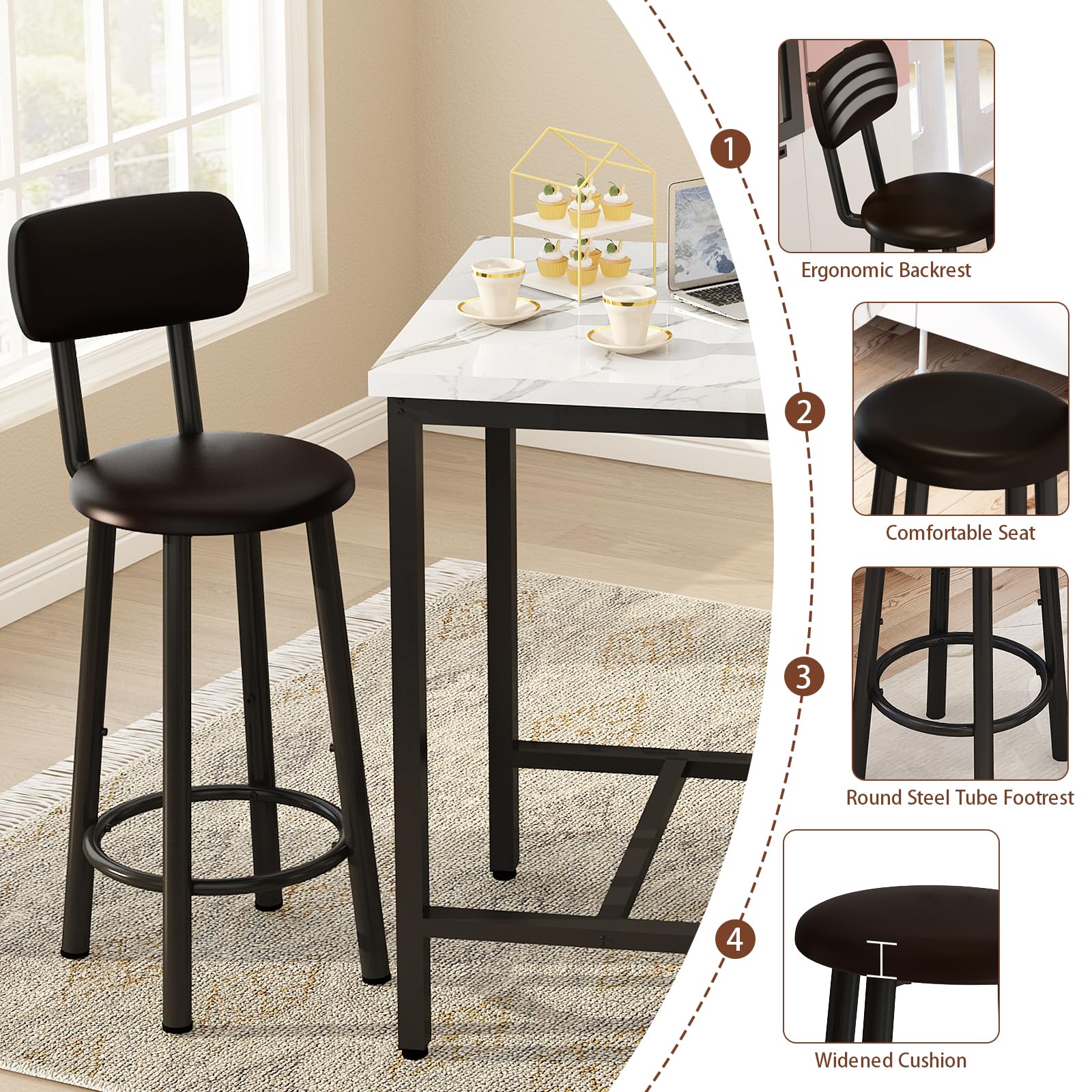 24" Square Dining Table Set for 2 with MDF Tabletop & PU Leather Chairs