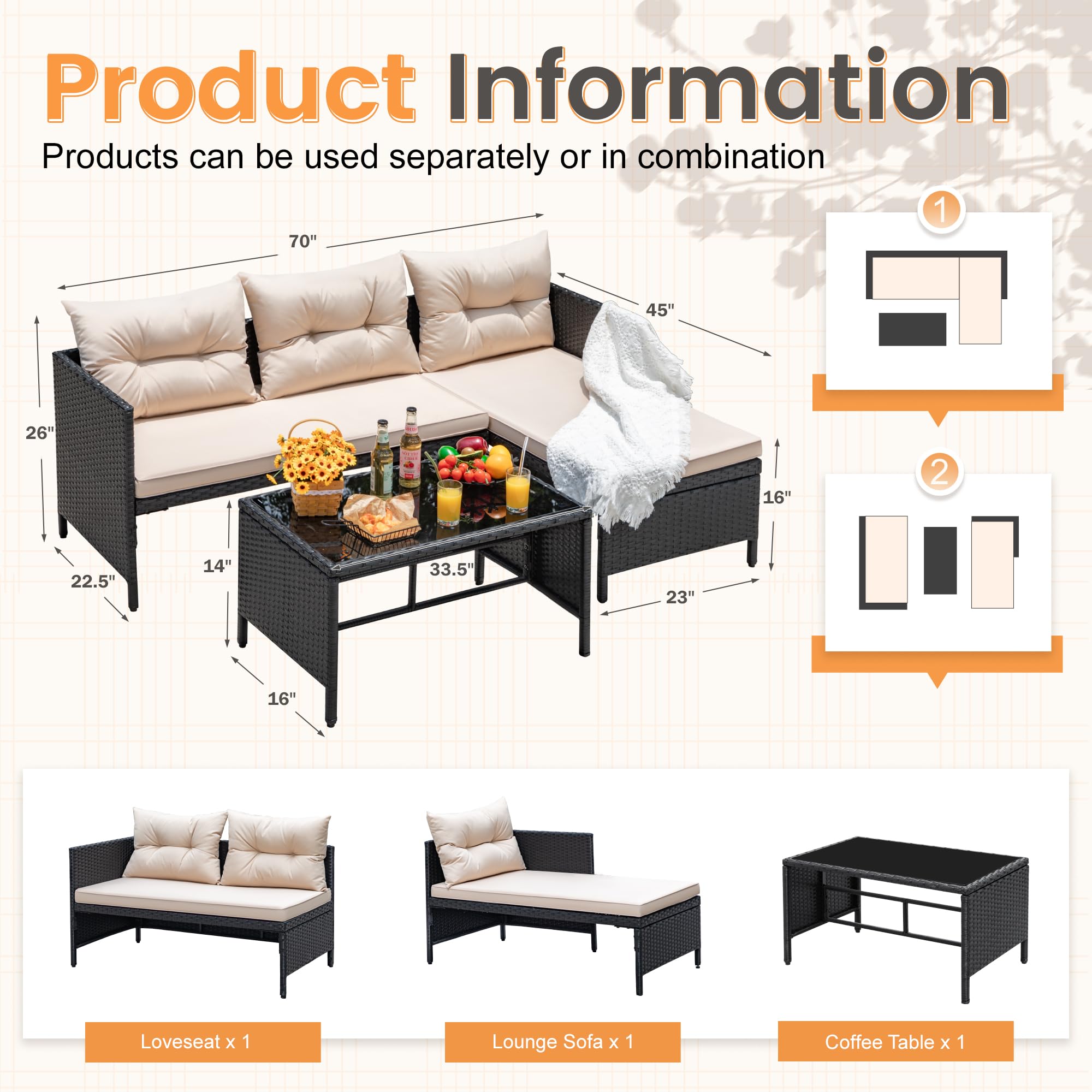 3-Piece Rattan Outdoor Sectional Sofa Set