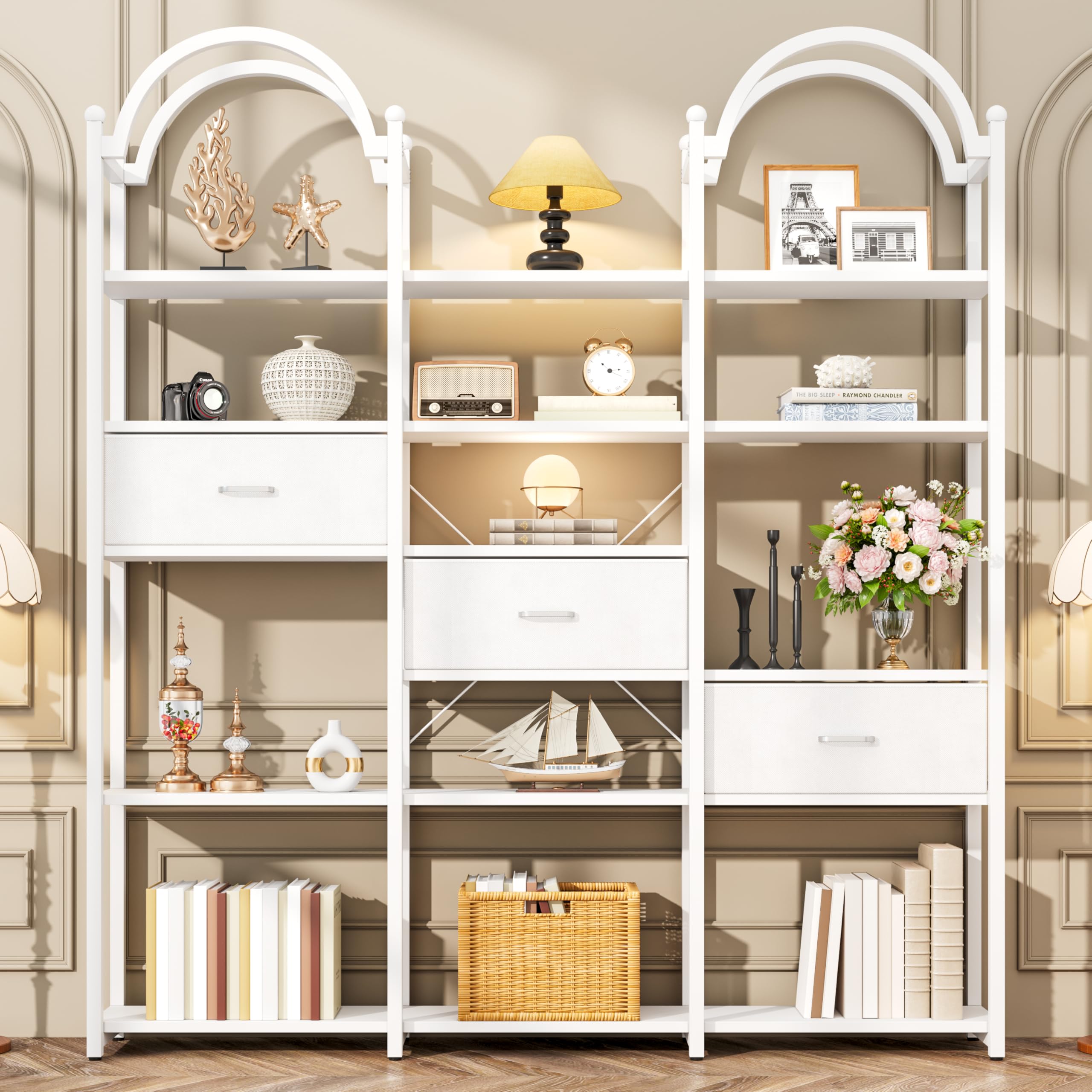83.5" Tall Arched Bookshelf with 3 Drawers and 13 Storage Shelves