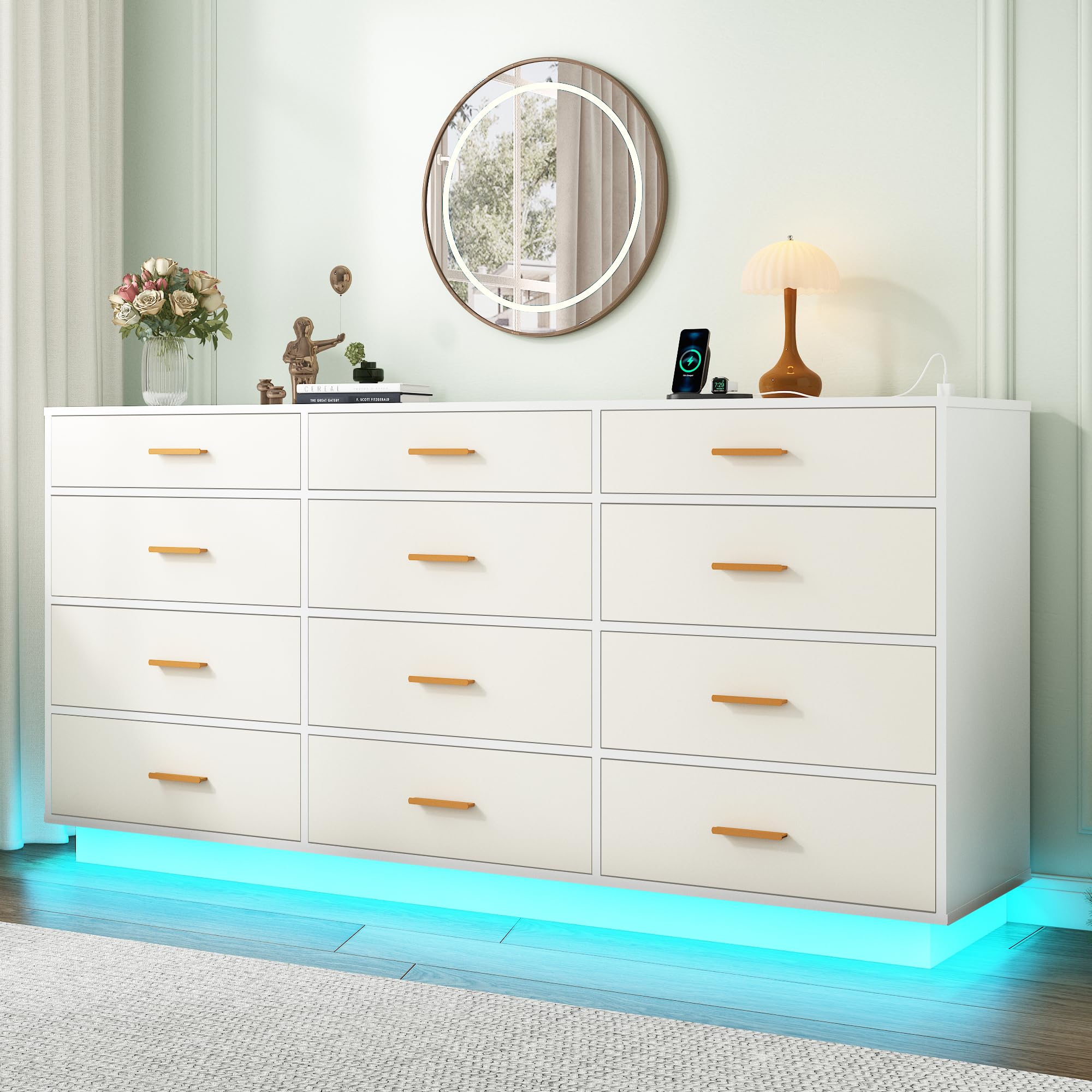 White 12 Drawer Dresser with Power Outlet and LED Lights