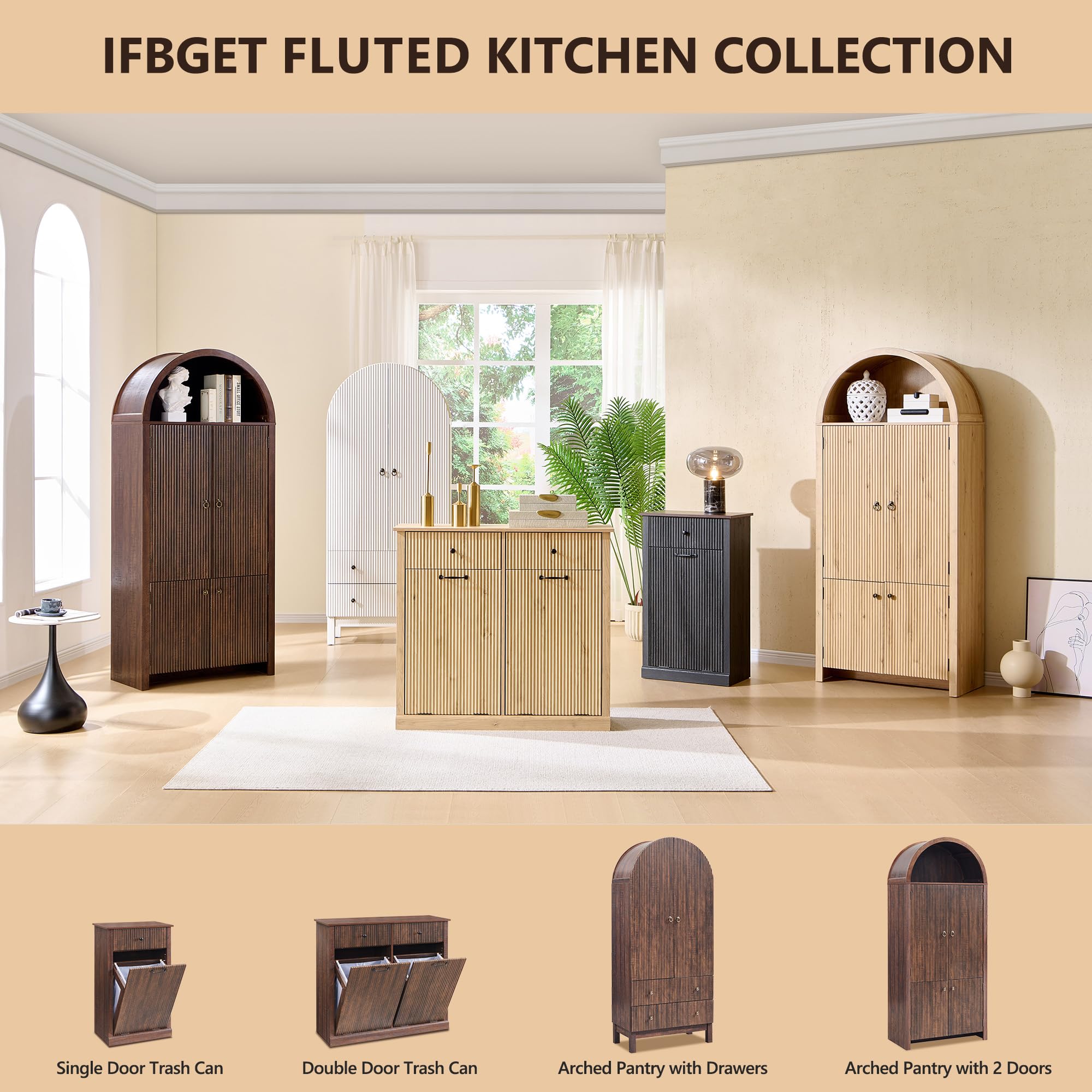 71" Tall Arched Pantry Cabinet with Adjustable Shelves and Drawers