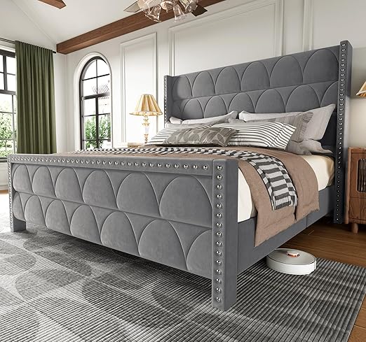 Queen Size Velvet Upholstered Platform Bed Frame