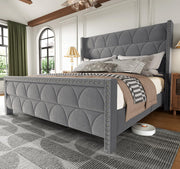King Size Velvet Upholstered Wingback Platform Bed Frame with 56" Headboard