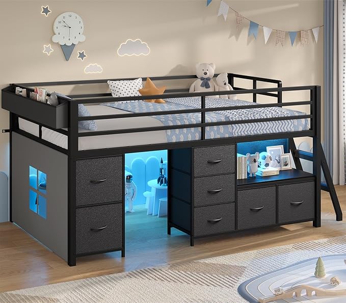 Low Loft Bed Twin Size with Storage Drawers and LED Lights