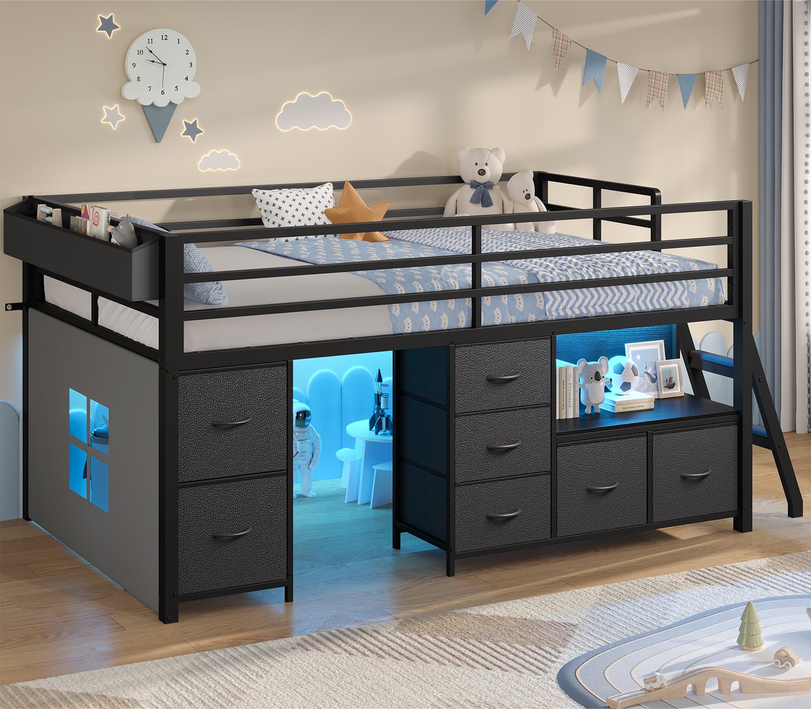 ADORNEVE Low Loft Bed Twin Size with 7 Storage Drawers, Bookcase and LED Lights, Metal Kids Loft Bed with 14" H Safety Guardrail,Inclined Ladder and Play Curtain, Under-Bed Play Space, Black