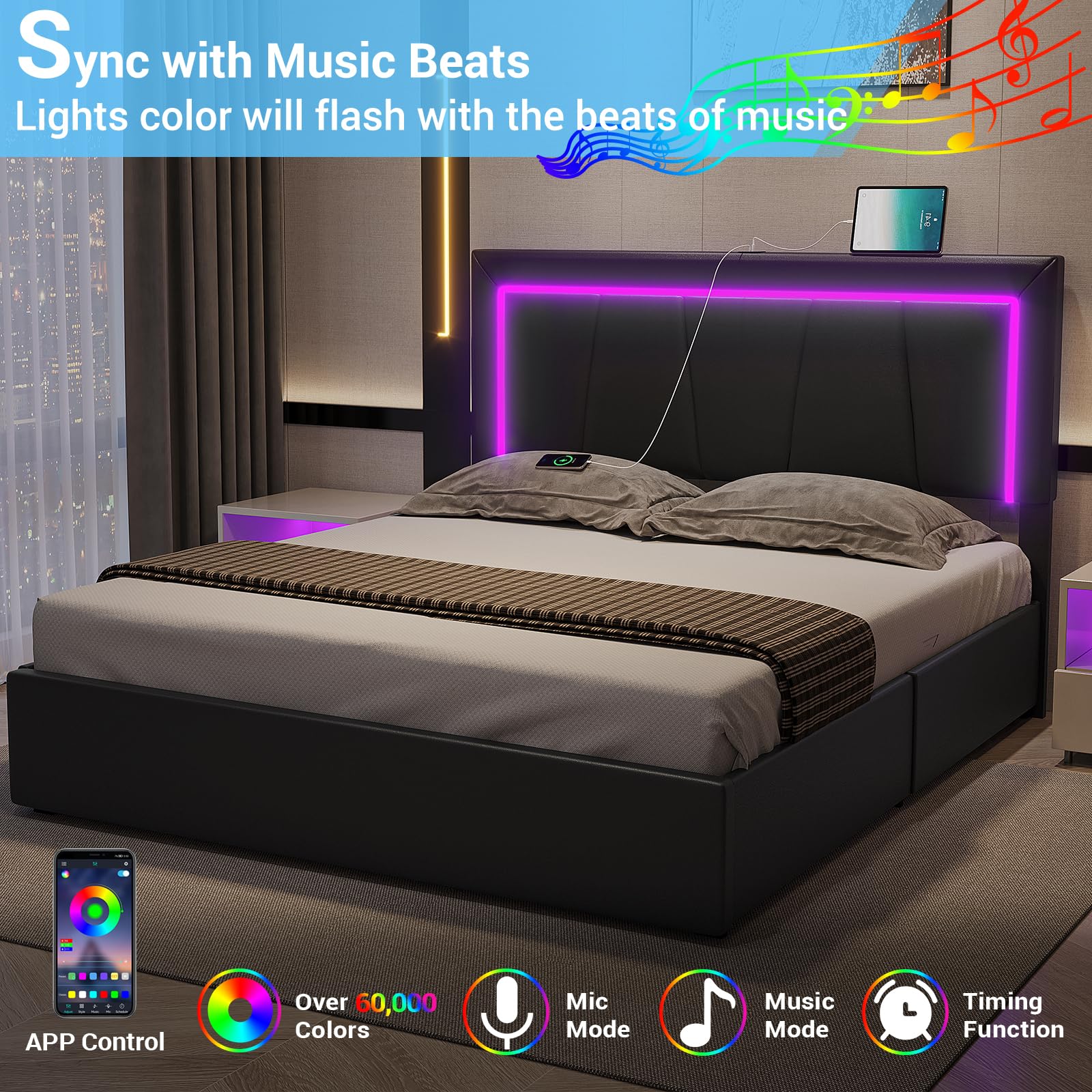 Queen Platform Bed Frame with LED Headboard, 4 Storage Drawers & USB Ports – Black Faux Leather, No Box Spring